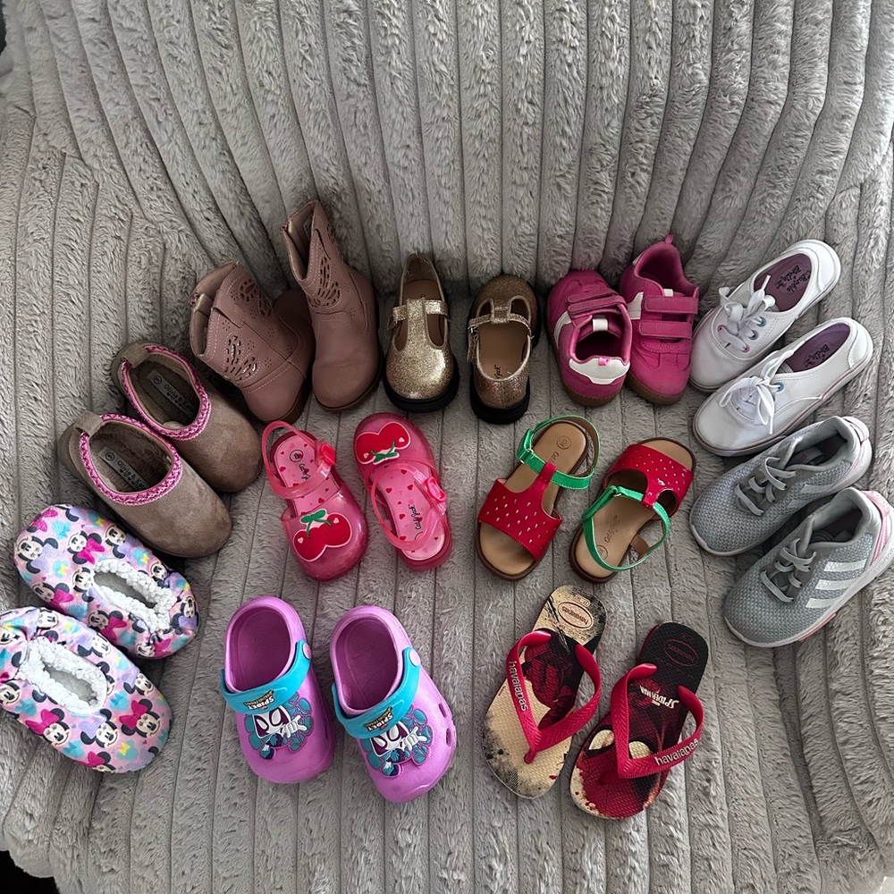 Toddler girls shoes. Crocks, 5/6, boots and sandals 8-9, flops 10/11